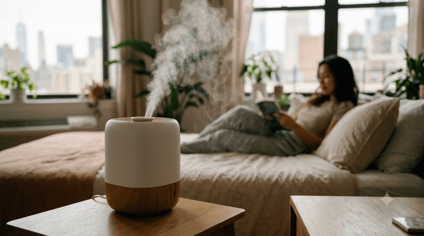 Sleek room humidifier emitting fine cool mist in a modern living room